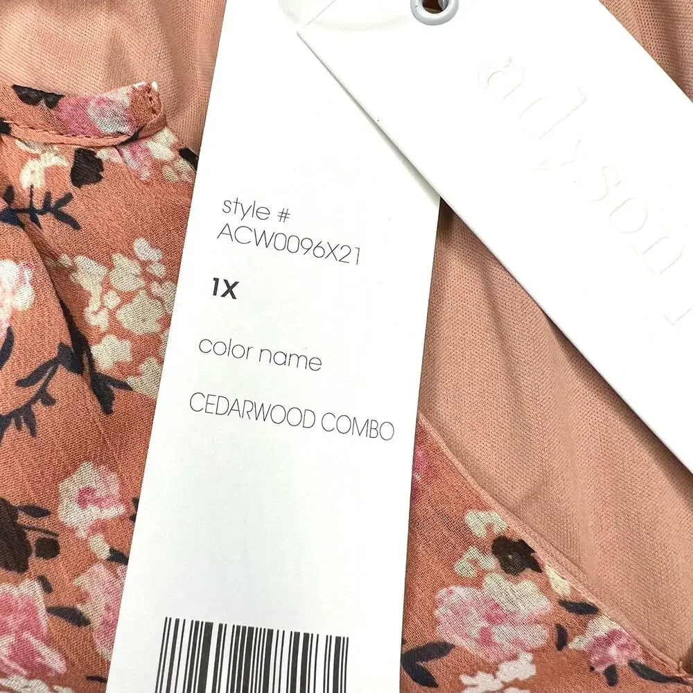 NWT Adyson Parker Floral Tiered Puff Long Sleeve Dress Sz 1X Cedarwood Combo
